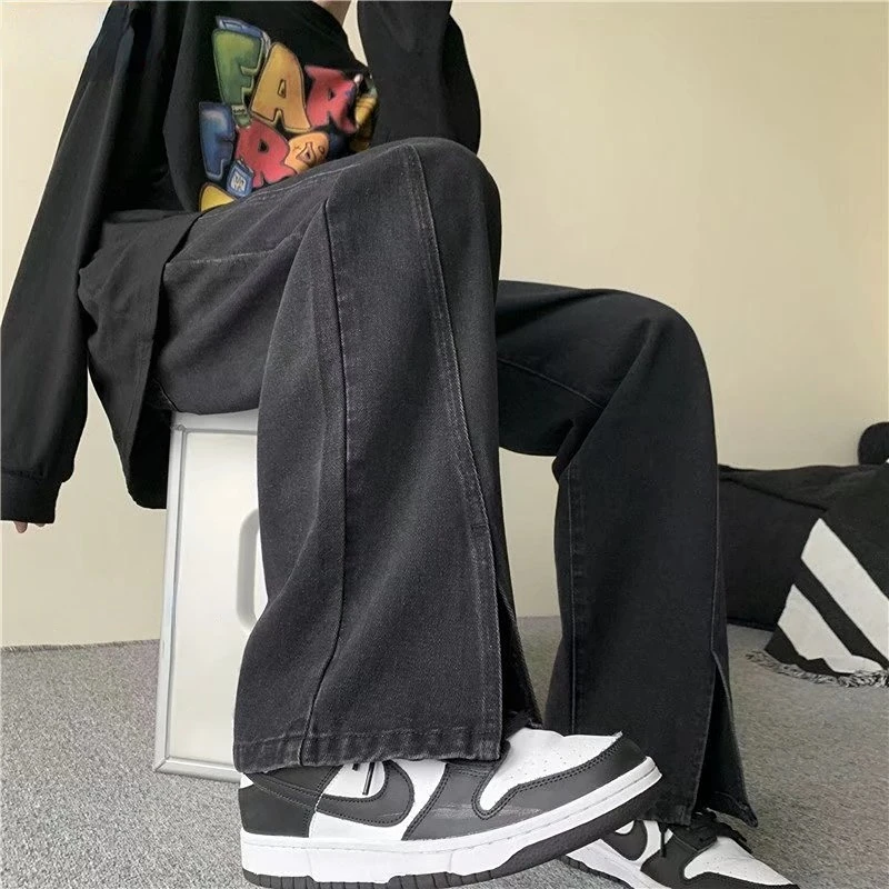 Men Jeans Summer Loose Washed-out Split Jeans Streetwear Vintage Korean Style Jeans Men Mid-Waist Denim Straight Wide-Leg Pants