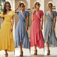summer women casual bohemian print dress short sleeve v neck party maxi long dresses