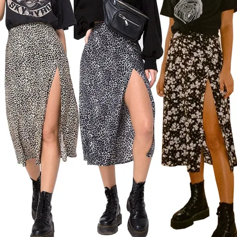 Women A-Line Skirts Vintage Skirt Summer Flower Leopard Print High Waist Stretch Long Skirt Fashion Beach Maxi Skirt