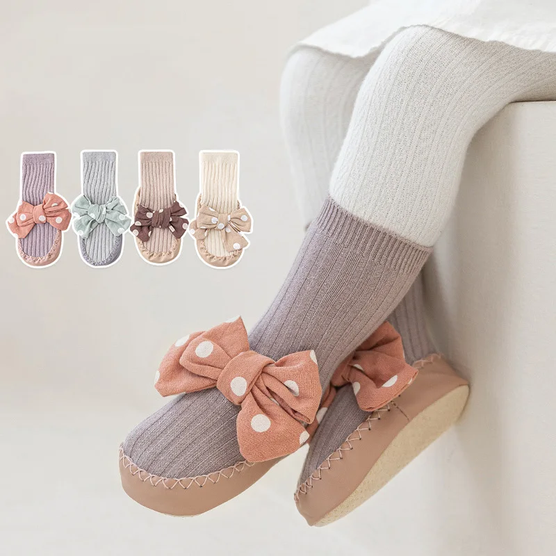 

Baby Girls Socks Newborn Bowknot Socks Rubber Soles 2022 Autumn Winter Anti Slip Soft Cotton Infant Toddler Floor Sock Shoes