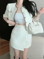 2022 summer new small fragrance 2 piece set women short jacket coat crop top skirt suits korean fashion casual ensemble femme