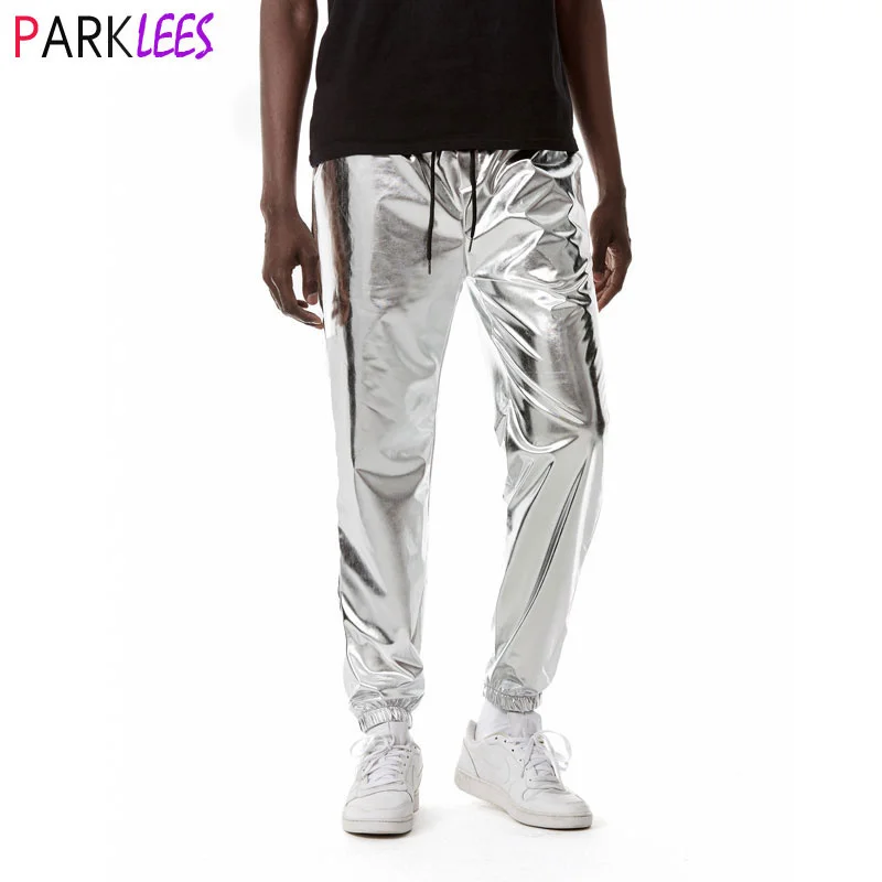 

Mens Shiny Silver Metallic Jogger Sweatpants Hip Hop Wet Look Trousers Men Club Party Festival Prom Streetwear Pantalones Hombre