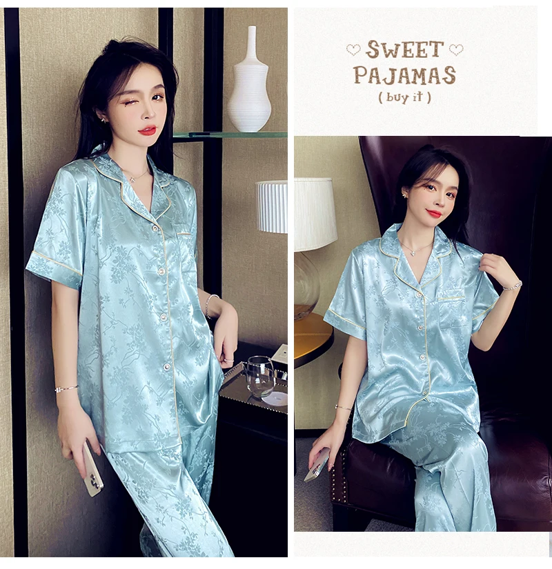 2023  paragraphs female xia ShangBing silk big yards thin loose trousers with short sleeves leisure wear pajamas in the summer