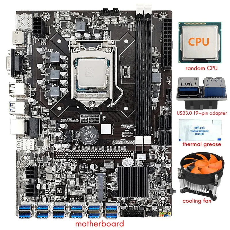

12 Card B75 BTC Mining Motherboard+CPU+Fan+Thermal Grease+USB3.0 19Pin Adapter 12 USB3.0 (PCIE)Slot LGA1155 DDR3 SATA3.0