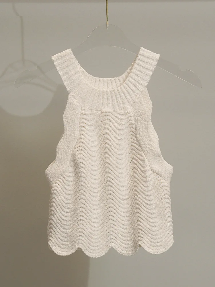 

Women Knitted Striped Sleeveless Camisole Top 2023 Summer New Round Neck Pullover Short Vest