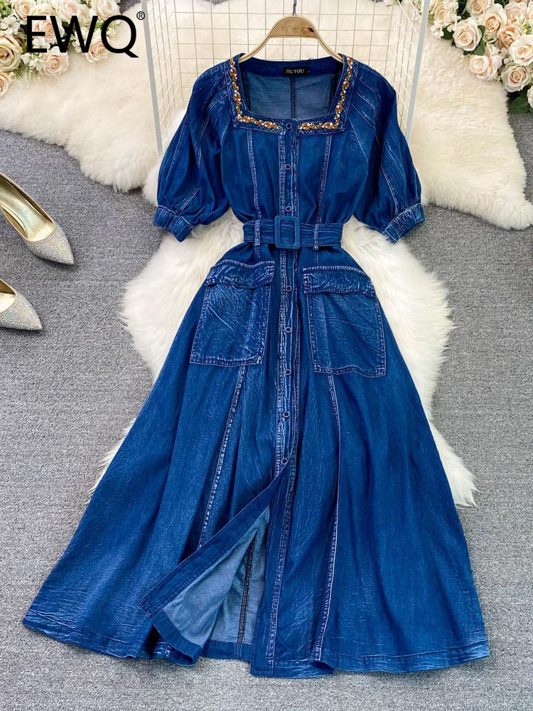 

EWQ Sweet Style Women's Dress Embroidery Square Collar Single-breasted Denim Patchwork A-line 2023 Summer New Dresses 27SN2118
