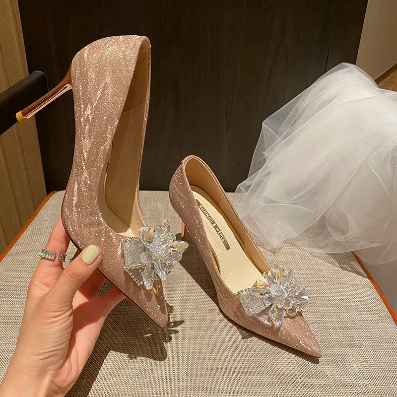 Spring/Summer 2023 New Women's High Heels High Quality Wedding Shoes Fashion Crystal Bow Women's Pumps Sexy Party Women's Shoes