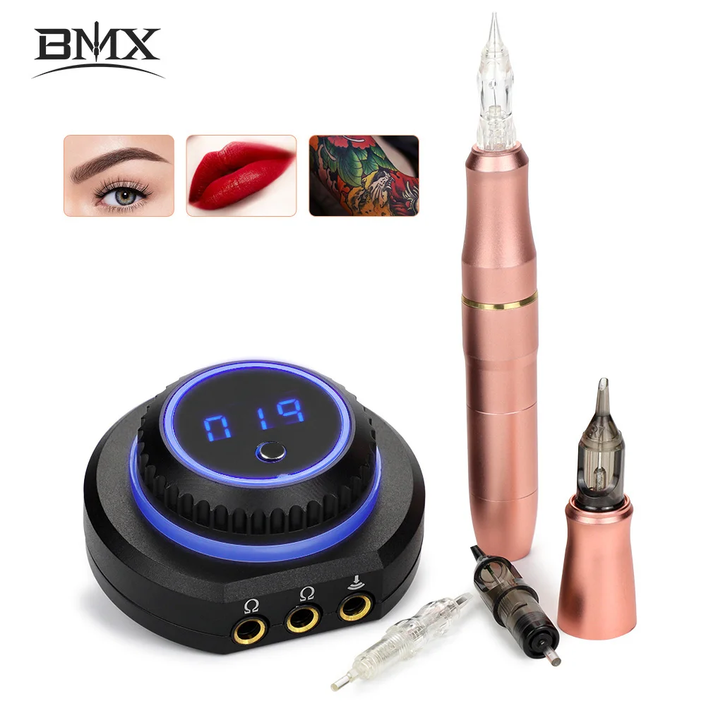 BMX Rotary Tattoo Machine Set PMU Pen Eyebrow Permanent Makeup Machine Kit with Tattoo Power Supply Cartridge Needles