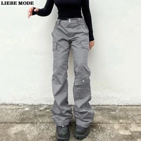 womens vintage loose baggy jeans cargo pants women streetwear multi pockets grey wide leg straight denim trousers overalls