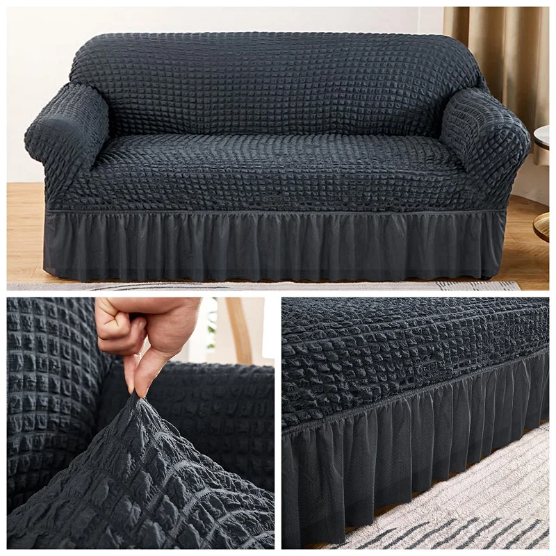 

1/2/3/4 Seater Ruffled Seersucker Sofa Cover for Living Room Thick Elastic Solid Stretch Couch Slipcovers Sofa Armchair Covers