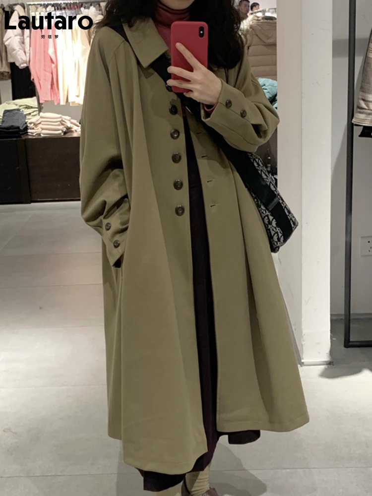 

Lautaro Spring Autumn Oversized Flowy Soft Long Trench Coats for Women Single Breasted Loose Casual Varsity Korean Fashion 2022