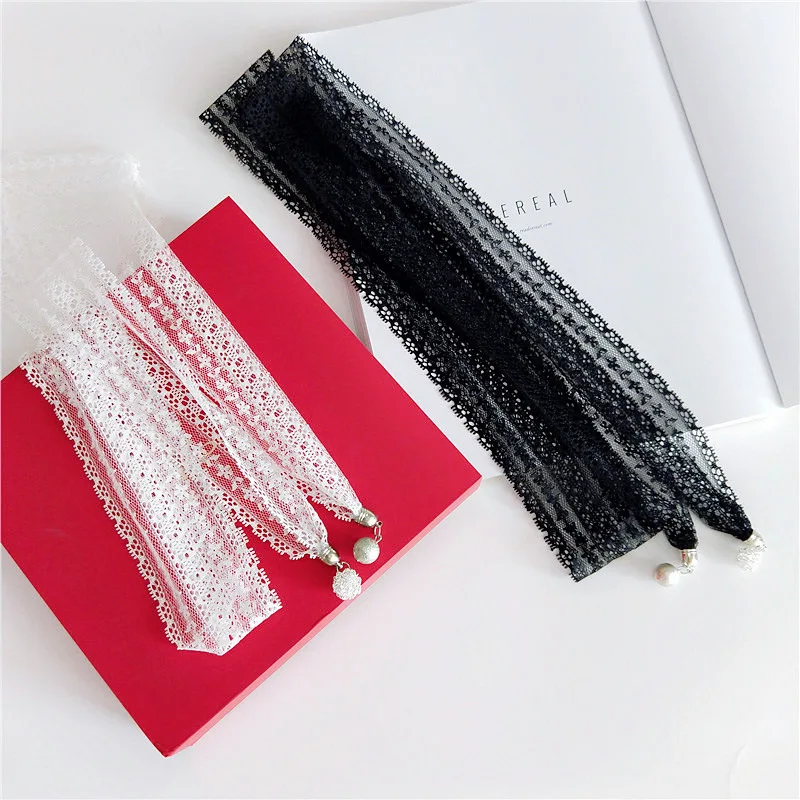 

Pearl pendant lace scarf fashion new long ladies hollow solid color Decorate WOMEN Scarves band