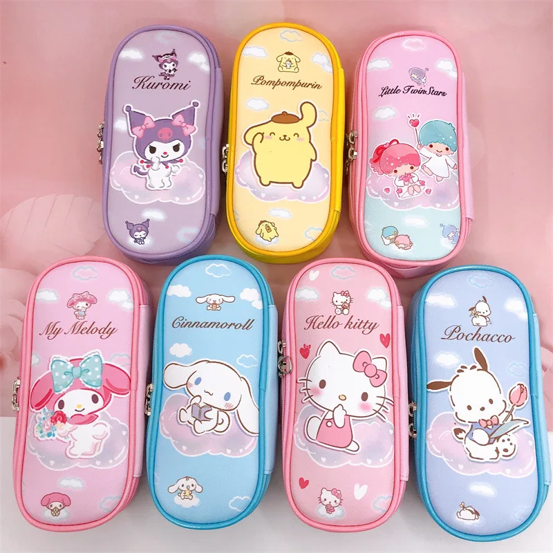 

Hello Kitty Kawaii Sanrio My Melody Cinnamoroll Kuromi Cartoon Double Zipper Pu Stationery Box Student Large Capacity Pencil Bag