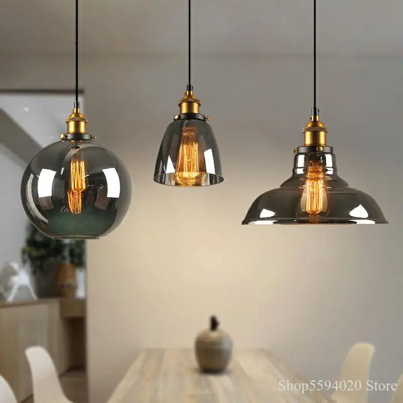 

Loft Industrial Hang Lamp Vintage Glass Pendant Lights Smoky Grey Hanging Lights Suspension Modern Decor Home Led Lighting