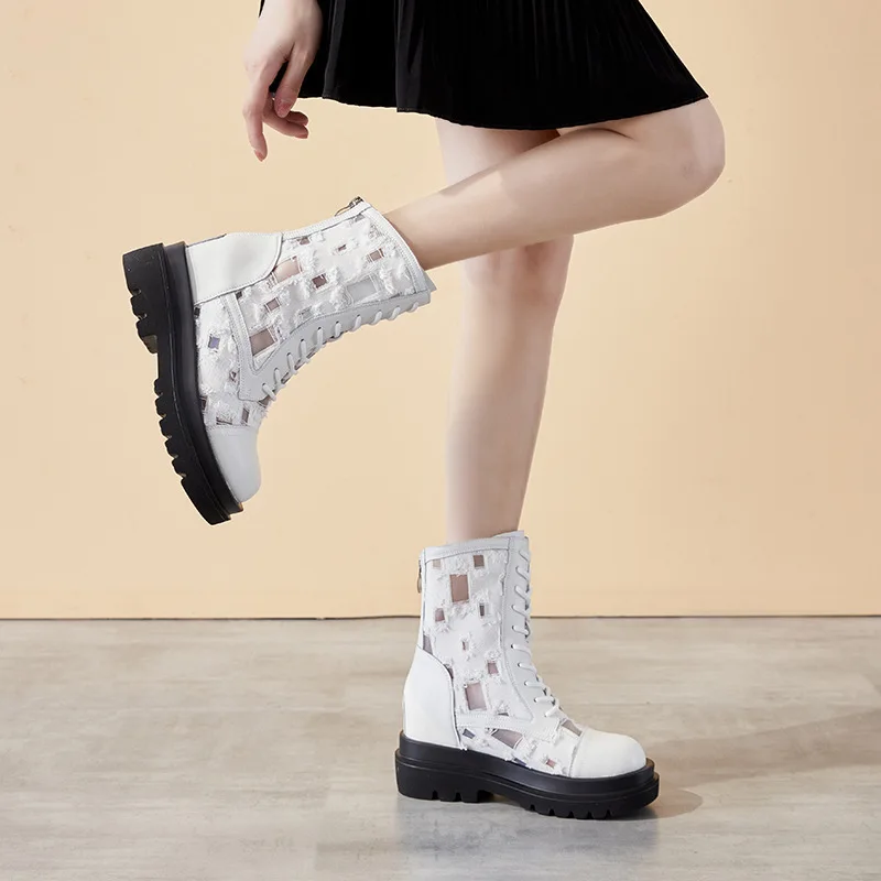 

2023 Women Perforated Boots with Elevated Platform Shoes Autumn Hollow Mesh Breathable High Top Shoes Fashion Punk Style Boots