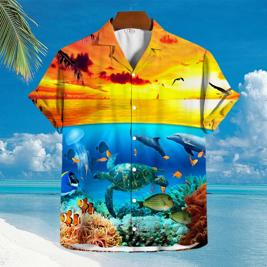 

Мужские рубашки с графическим рисунком, новинка, Пляжная 3d-рубашка с рисунком черепахи, рыб, летняя блузка с полынью