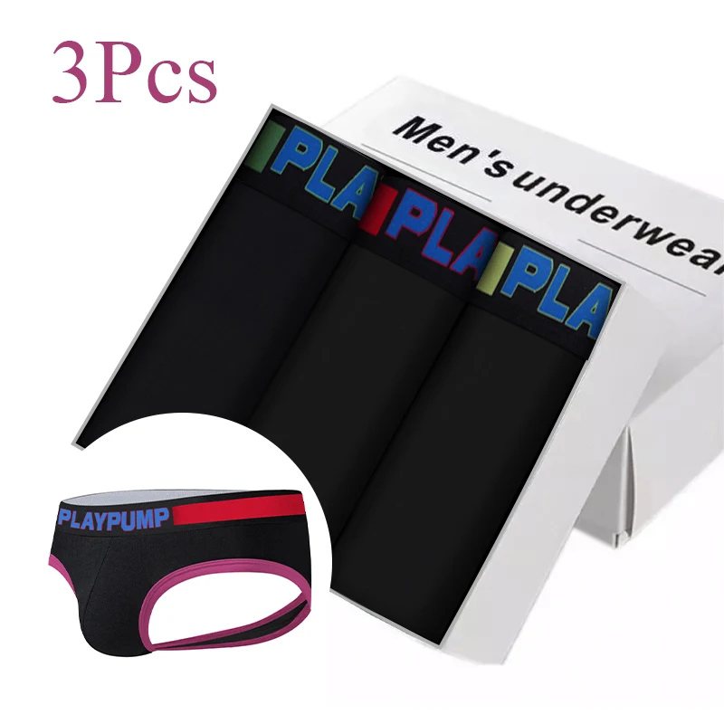 

3Pcs Fashionable Back Cutout Men's Briefs Sexy Glossy Waistband HD Fiber Color Black Micro-mesh Lined with Blue Stretch Cotton