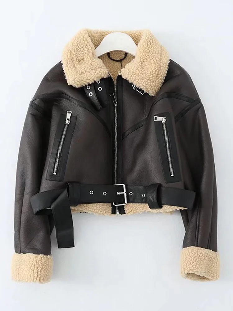 

Ailegogo Winter Women Streetwear Faux Lamb Leather Fur Short Jacket with Belt Moto Biker Thick Warm Sheepskin Coat Outwear