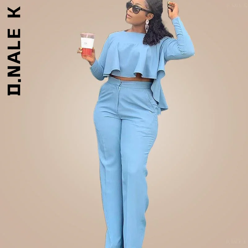D.Nale K Fashion Spring Work Wear 2 Piece Set Women Ruffles Crop Top and Wide Leg Pants Suits Matching Sets Club Outfits
