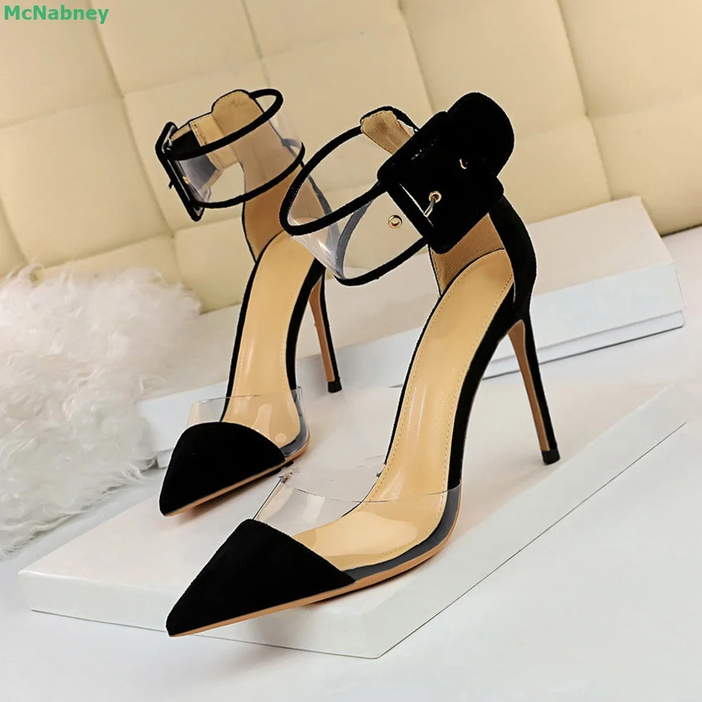 Suede Stitching Clear PVC Pumps Pointed Toe Thin High Heel Solid Shallow Cover Back Sexy Elegant Comfortable Summer Women Shoes