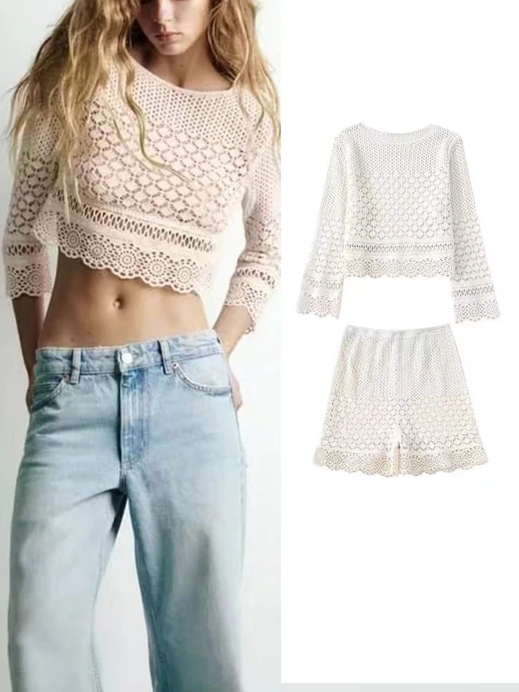 

Женский жаккардовый костюм TRAF, повседневный ТРИКОТАЖНЫЙ КОРОТКИЙ комплект с длинным рукавом и шорты с высокой талией, пляжные праздничные ...