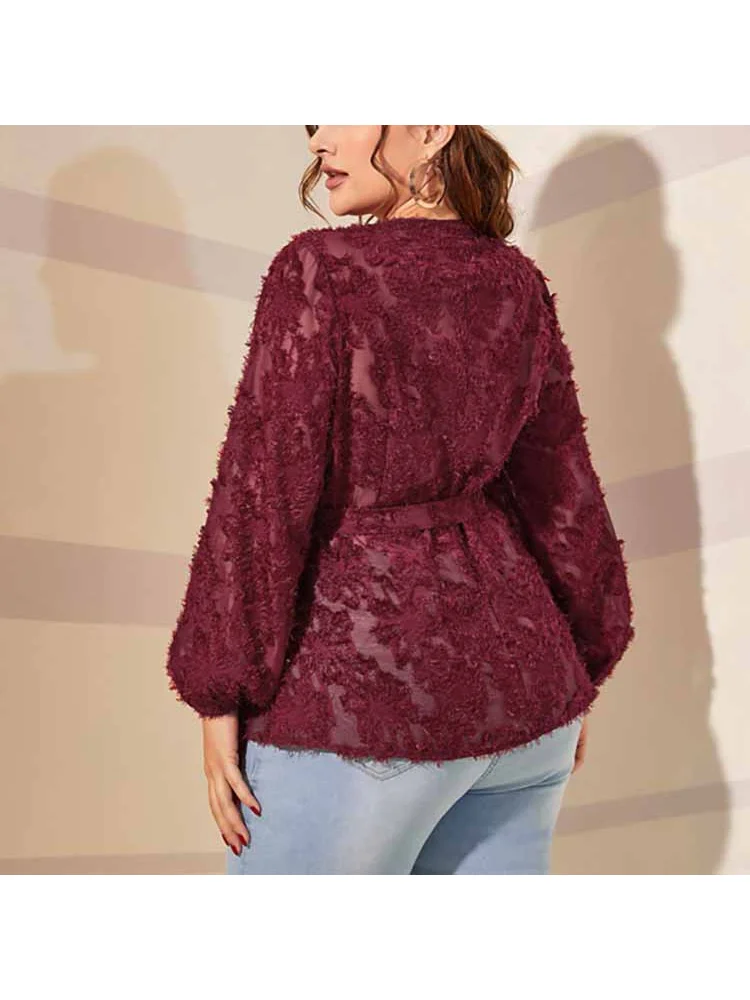 Spot large women's tie bow top V-neck long-sleeved commuter loose plus size T-Shirt