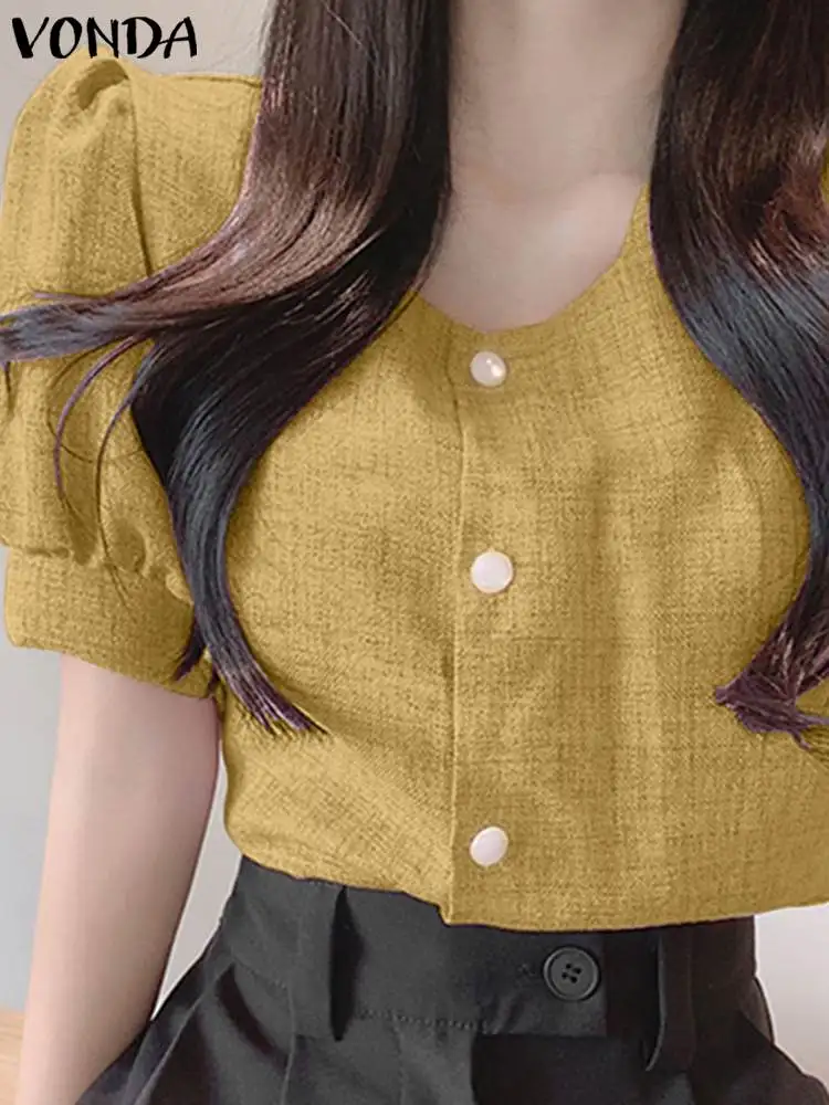 

Elegant Women Shirts 2023 VONDA Female Tunic Short Puff Sleeve Blouses Casual Button Down Tops Solid Color Party Blusas Femme