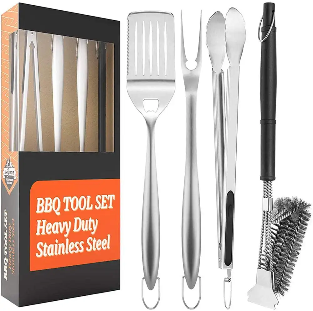 

4 Piece Grill Tool Set, Heavy Duty Grill Utensils Set with BBQ Brush, 3 in 1 Stainless Steel Spatula, Fork, Tongs, Grill Accesso