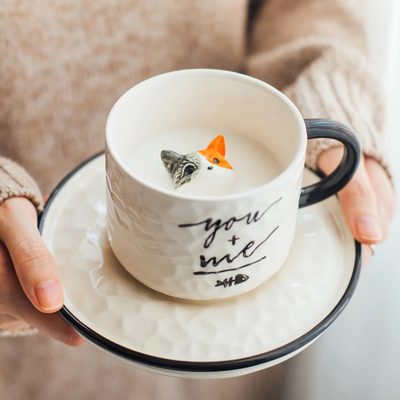 Cute Cat Mug Simple Art Afternoon Tea Coffee Cup Plate Original Breakfast Cups Thermo Coffee Cup to Carry Personalized Gifts Bar
