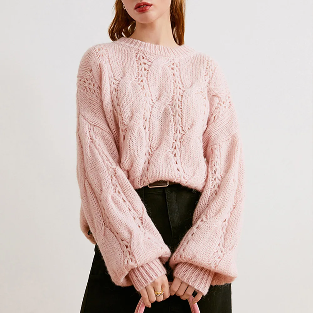

Women's Sweater Casual Round Neck Plain Long Sleeve Pullover Patchwork Pink Tops For Ladies Loose Spring Autumn Knitted Wear