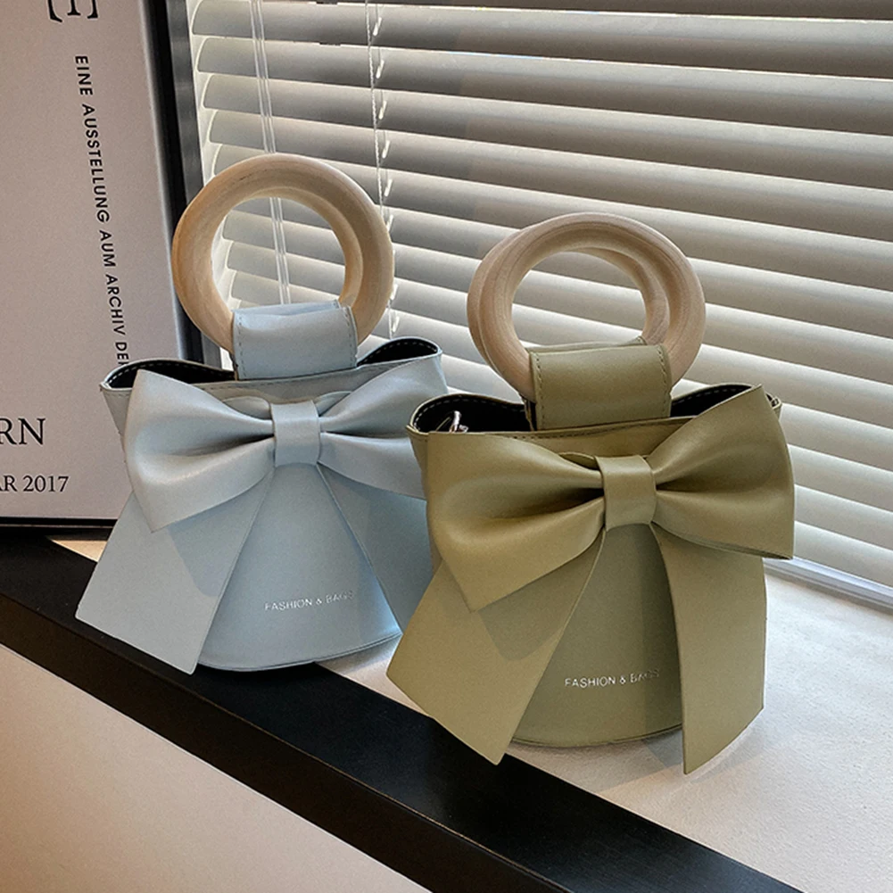 

Sweet Bow Tie Mini Leather Bucket Crossbody Bag Women Round Wooden Handle Purse for Women Fashionable Decoration