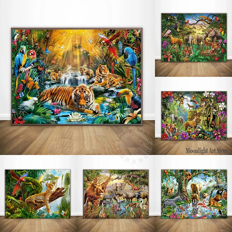 

Abstract Animals Canvas Painting Tiger Elephant Wild Lion Poster Wall Art And Print Animals Paradise Cuadros For Room Home Decor