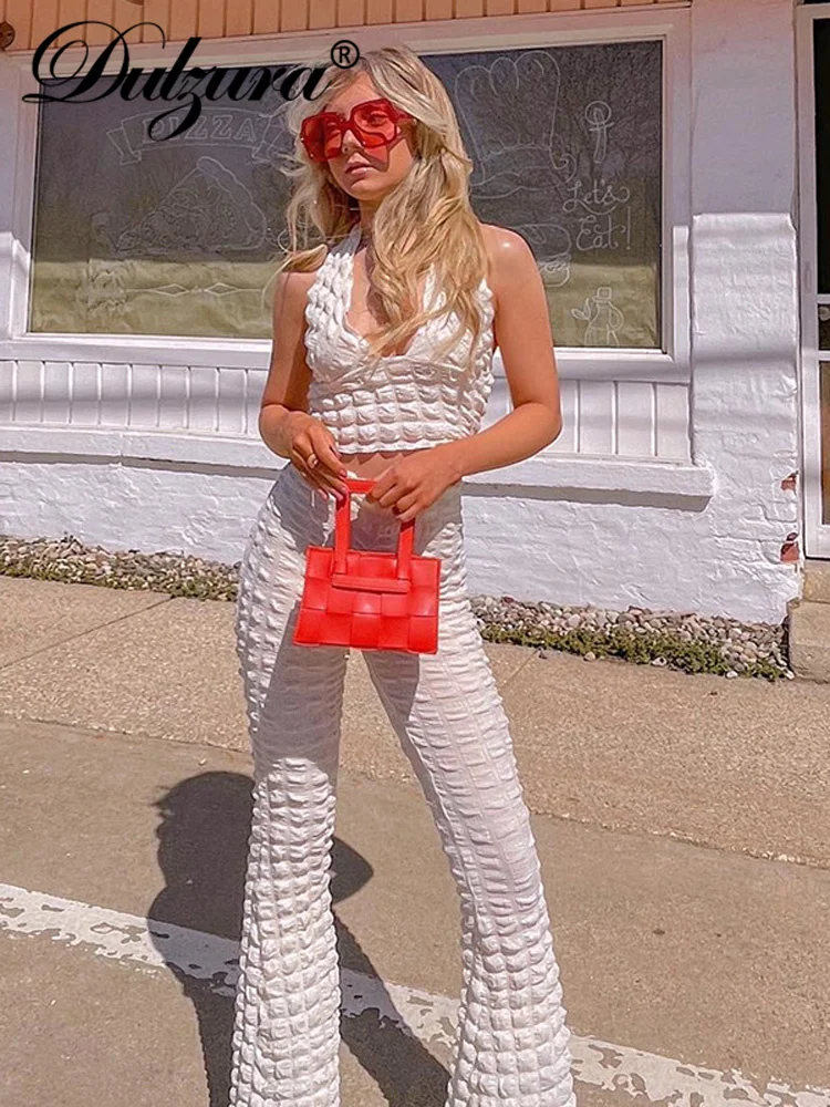 

Dulzura Summer Women Sexy Y2K Clothes 2 Piece Sets Sleeveless Backless Halter Crop Top High Waist Flare Pants Outfits Streetwear