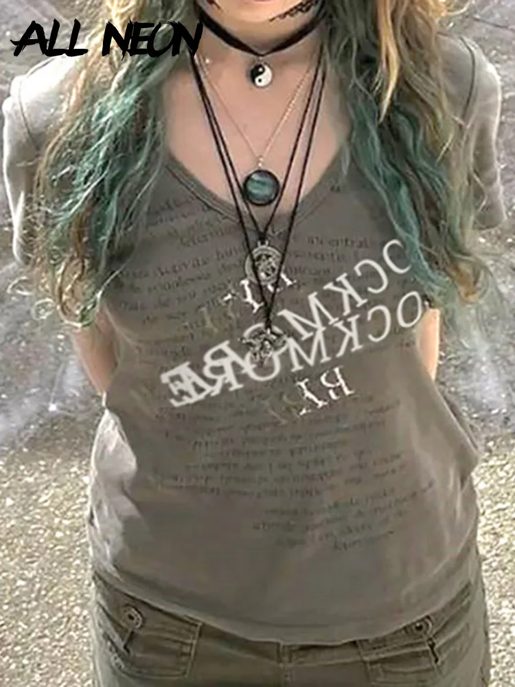 ALLNeon Y2K Fairy Grunge Letter Print V-neck T-shirts Goblincore Streetwear Retro Short Sleeve Army Green Tops Vintage Tees Slim