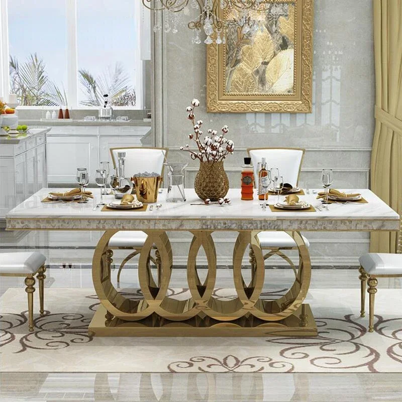 

Современный мраморный обеденный стол для прихожей, стулья из нержавеющей стали, корона, Золотая резная мебель для квартиры