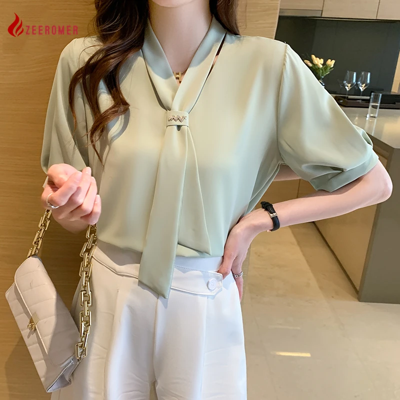 

Zeeromer2022Summer New Fashion Chiffon Shirt Tops Women Korean Office Solid Temperament Short-sleeve V-neck Casual All Match Top