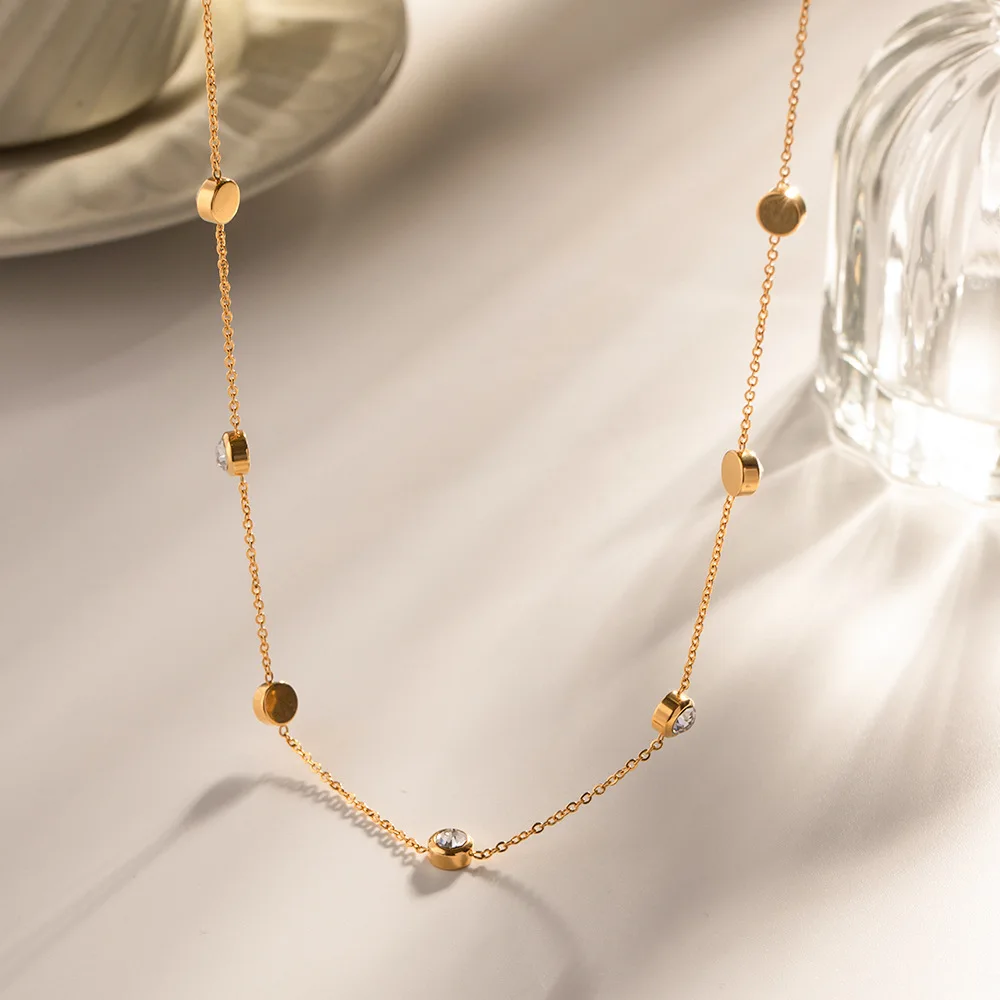 

Stylish Simple Inlaid Round Zircon Necklace Bracelet for Women Stainless Steel Plated 18K Gold Watertight Jewelry