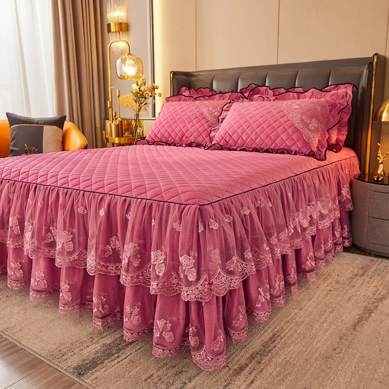 

New Luxury Super Soft Crystal Velvet Lace Ruffles Quilted Bed Skirt Mattress Cover Bedspread Pillowcases Bedding Home Textiles
