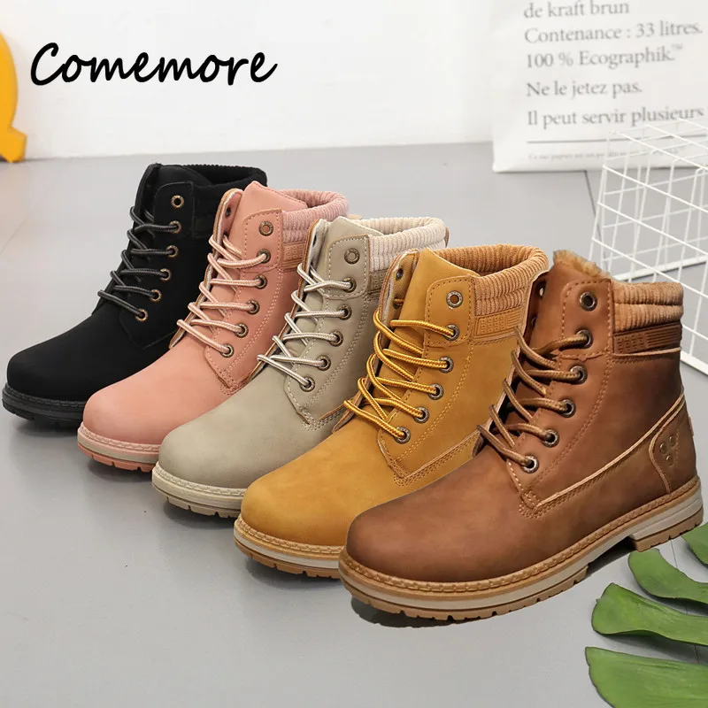 

Comemore Autumn and Winter Cotton Boots Women's British High-top Boot Casual Plus Size 42 Women's Shoes Leather Lace Up Platform