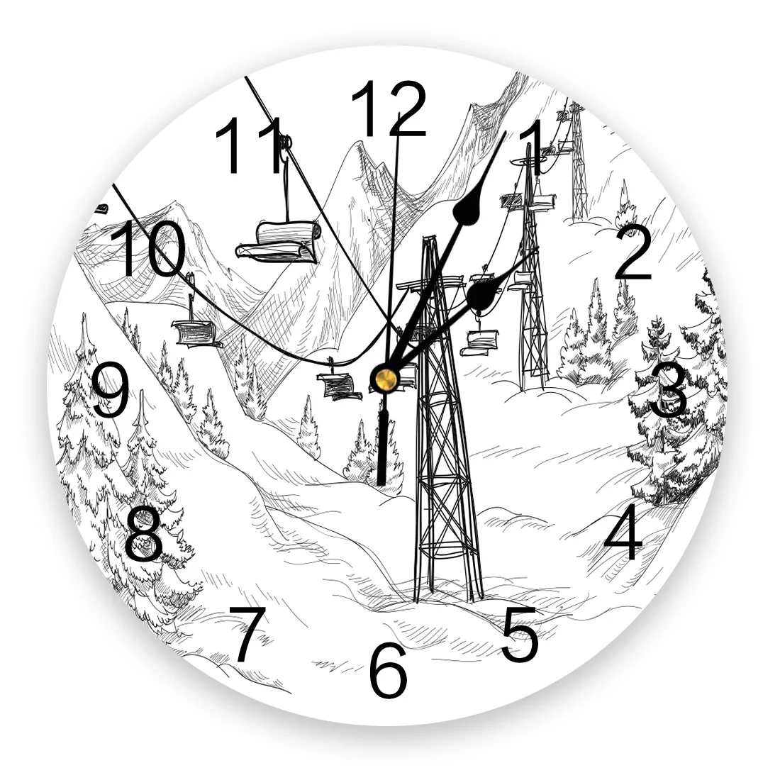 

White Snow Cable Car Ski Mountain Sketch New Wall Clock Fashion Living Room Quartz Watch Modern Home Decoration Round Clocks