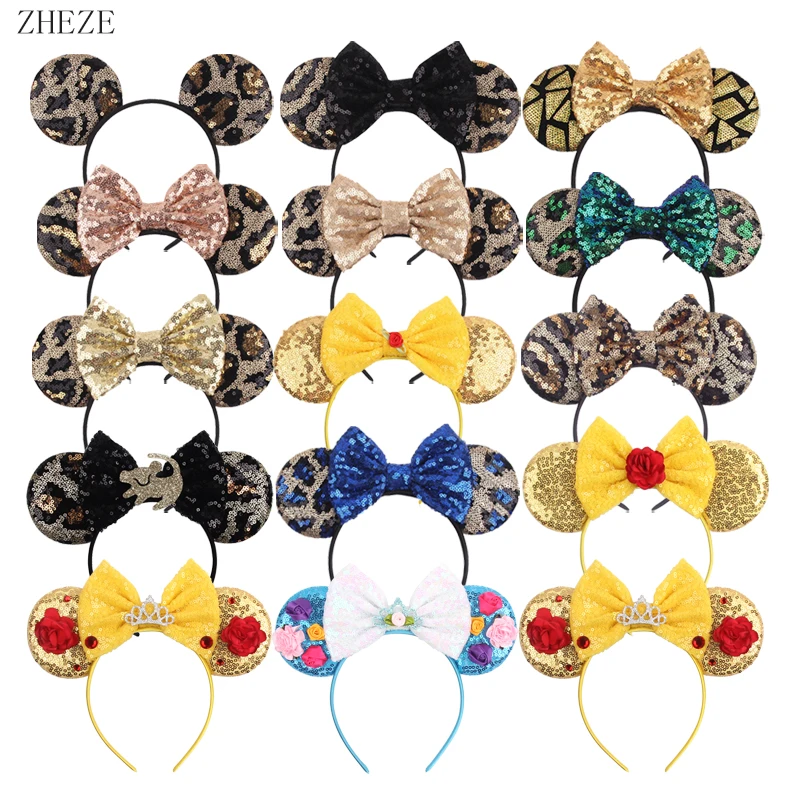 

10Pcs/Lot Leopard Series Sequins Mouse Ears Headband For Women 5"Bow Hairband Girls DIY Hair Accessories Wholesales