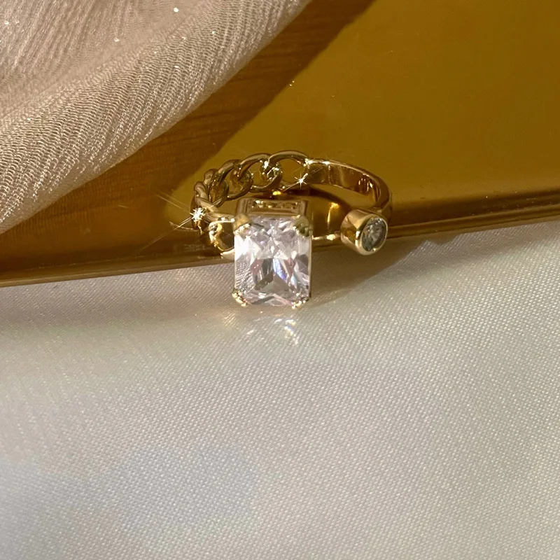 

ALLNEWME Cute Romantic Spark Square CZ Zircon Charm Rings for Women Gold Color Copper Hollow Link Chain Open Adjusting Ring