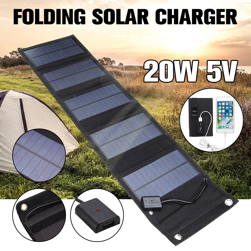

20W Foldable Solar Panel Outdoor Portable Solar Charger Built-in Waterproof Sun Power Solar Cell 2A USB Output Device for Phone
