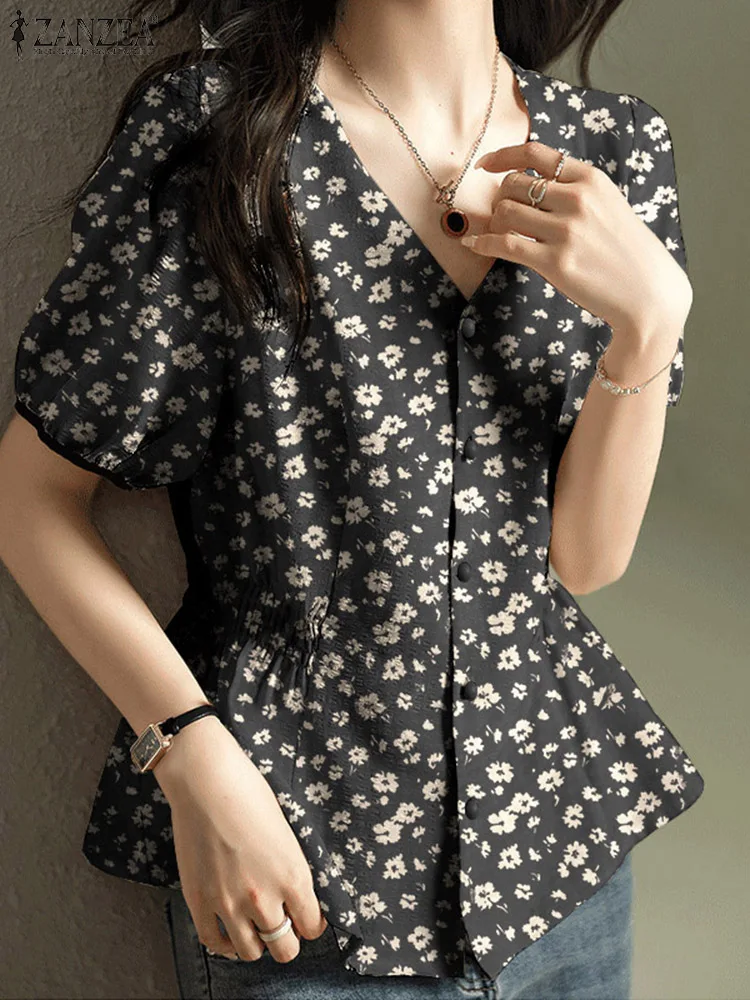 

Bohemian Flower Printed Shirt ZANZEA Women Short Sleeve Blouse Elegant Ruffled Peplum Tops Casual V Neck Side Elastic Tunics