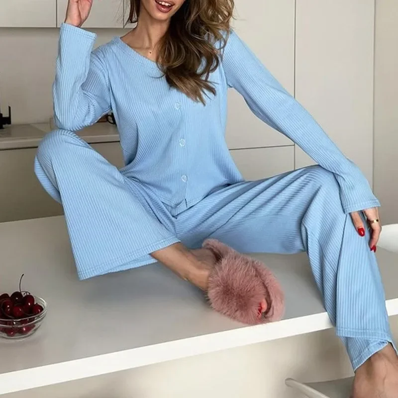 Осень 2024 новая Пижама Wonen's кардиган с длинными рукавами длинные брюки комплект