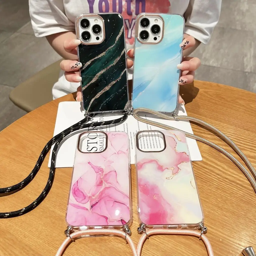 

Роскошный позолоченный мраморный чехол для телефона iPhone 12 13 Pro Max, чехлы для iPhone 11 14 Pro Max, чехол-Кроссбоди с ожерельем и ремешком