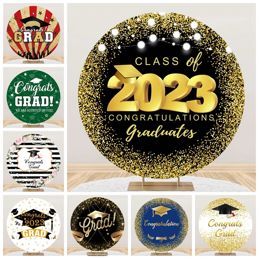

Class of 2023 Graduation Round Photography Backdrops Cover Black and Gold Glitter Balloon Congrats Grad Circle Background