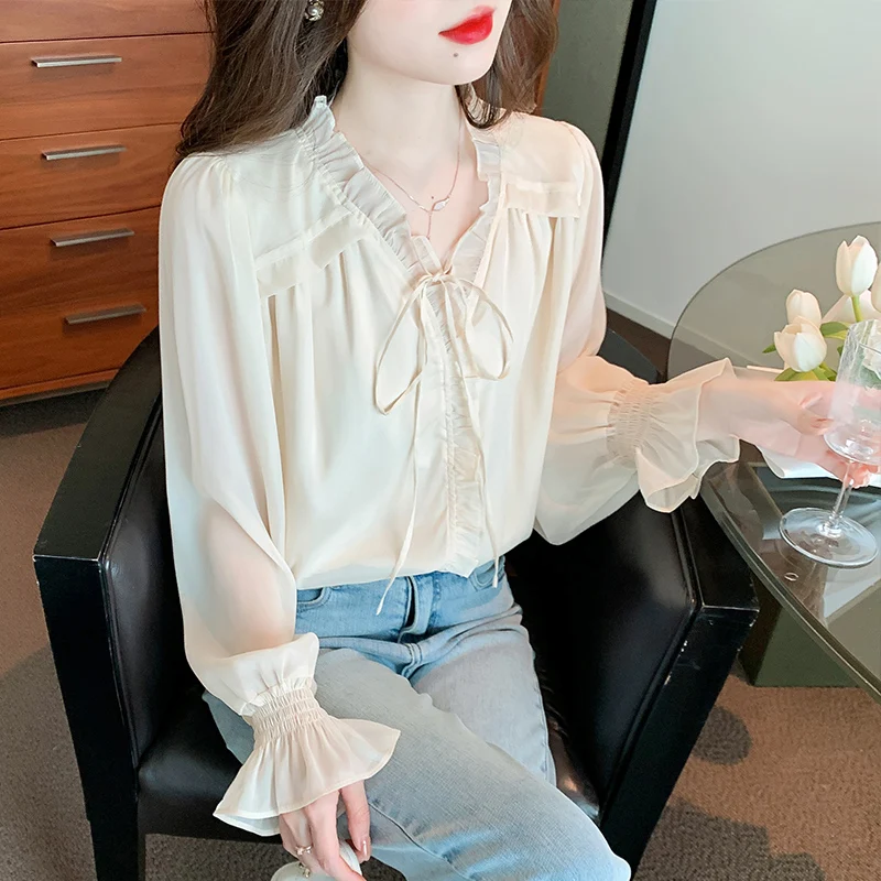 

Chiffon Women's Blouse Solid Ruffles Loose Shirt Summer Large Size Long Sleeve Fashion Casual Top 2022 New Korean Style Clothing