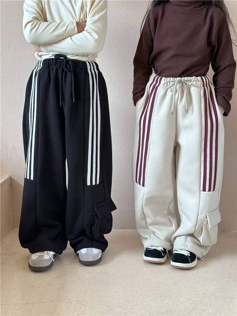 

Новые брюки для девочек и мальчиков, свободные спортивные осенне-зимние плюшевые теплые мягкие модные уличные универсальные полосатые