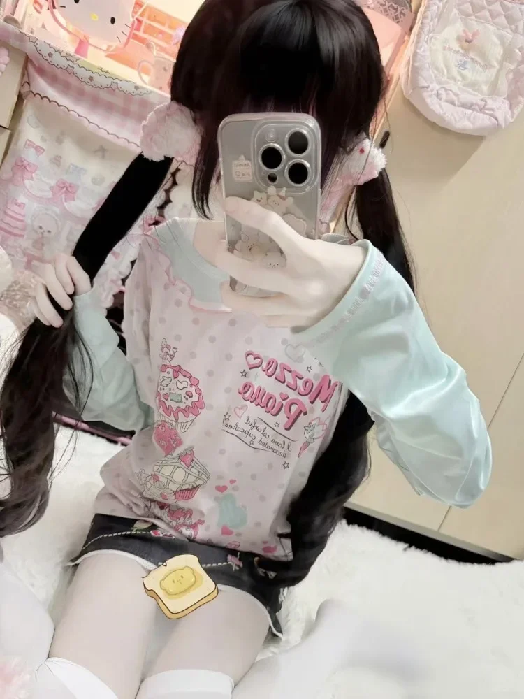 Kawaii Cute Sweet Tops Women Japanese Style Soft Girl Lone Sleeve T Shirt Y2k Harajuku Print Fake Two-piece Slim Tees 2025